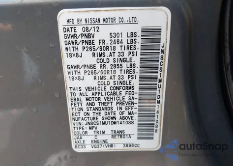 2013 Infiniti Fx37 from USA, damaged, VIN JN8CS1MU1DM141088